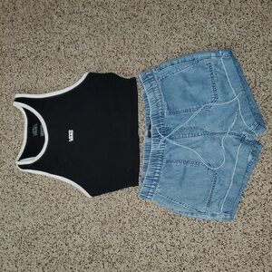 Volcom Surf Blue Denim Jean Shorts & Vans Crop Tank Top Built In Sport Bra